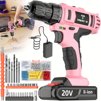 20V Cordless Drill Set Impact Power Drill 3/8 Inch Keyless Chuck 18+3 Clutch 45Nm Max Torque 2-Speed Work Light 2.0Ah Battery Fast Charger 136 148 PCS Kit