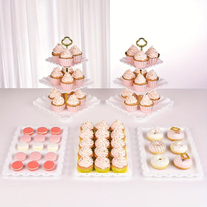 Cake Stand Set 5 Piece – 2 Square Three-Tier Cupcake Stands & 3 Appetizer Trays for Birthday, Baby Shower, Bridal Shower, Christmas, Halloween Party Dessert Display