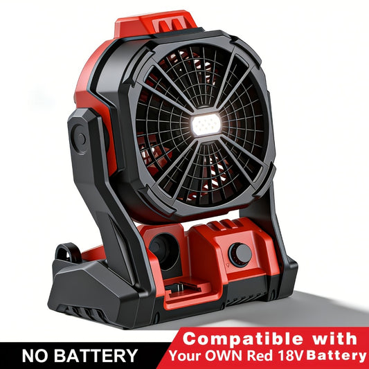 18V Battery Operated Cordless Fan Compatible with Milwaukee M18 Red Battery LED Light Variable Speed 180 Degree Tilt Hook for Hanging Camping Job Site Fan Red Battery Not Included