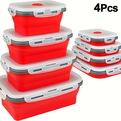 Foldable Meal Prep Containers Set of 4 - Airtight Lids, 4 Sizes, Microwave Dishwasher Refrigerator Safe, Stackable Food Storage for Lunch, Meal Prep, RV, Outdoor Snacks - Green, Red, Blue