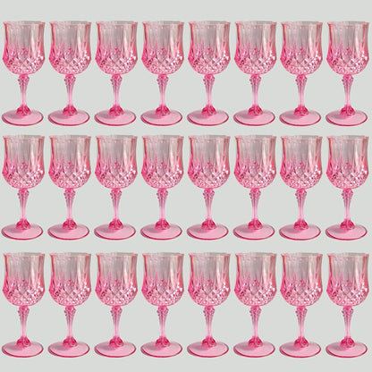 Plastic Wine Glasses 24 Pack – Colorful Shatterproof Goblets for Parties, Weddings & Events – Reusable Vintage-Style Stemmed Cups – Lightweight Bulk Drinkware in Pink, Gold, Blue, Rose Gold & Green