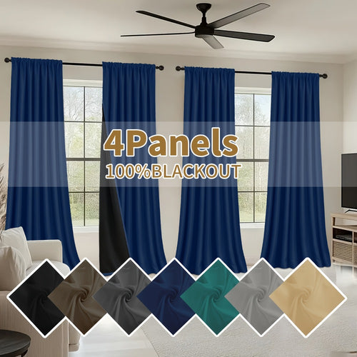 Blackout Curtains 4 Panels Thermal Insulated Room Darkening Drapes – Rod Pocket, Energy Saving, Solid Color for Bedroom & Living Room, 7 Colors & Multiple Sizes