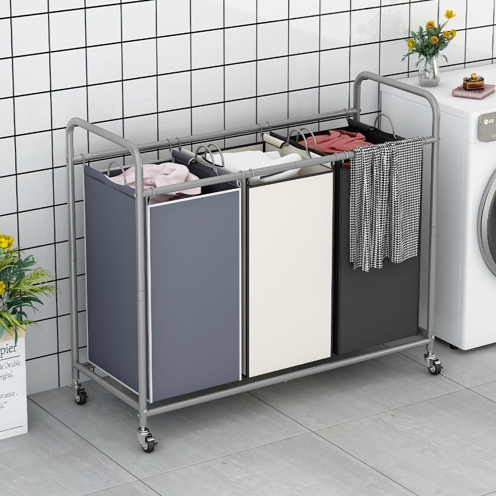 3-Bag Laundry Sorter Cart 63.4 Gallon – Rolling Hamper with Lockable Wheels & Removable Bags, Heavy-Duty Fabric Laundry Basket for Bedroom & Laundry Room, Black Gray Beige Brown