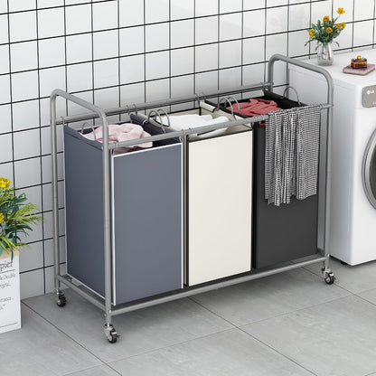 3-Bag Laundry Sorter Cart 63.4 Gallon – Rolling Hamper with Lockable Wheels & Removable Bags, Heavy-Duty Fabric Laundry Basket for Bedroom & Laundry Room, Black Gray Beige Brown