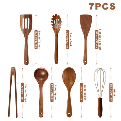Wooden Kitchen Utensils Set 3/5/7Pcs – Natural Wood Spoons, Spurtle, Ladle & Wok Spatulas for Non-Stick Pans | Heat Resistant, Ergonomic Handle, Easy to Clean