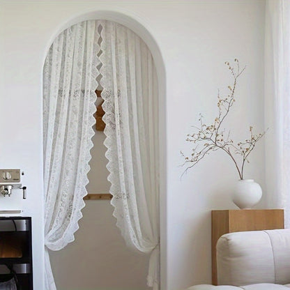 Sheer Curtain Rod Pocket Floral Lace Semi-Sheer Window Panel for Living Room Bedroom Kitchen Bathroom, 100% Polyester, Machine Washable, White Light Green Coffee