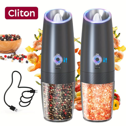 Electric Salt and Pepper Grinder Gravity Sensing USB Rechargeable with LED Light, One-Hand Operation Automatic Pepper Mill Adjustable Coarseness, Battery or Type-C Powered Kitchen Spice Grinder Set 1-2pcs