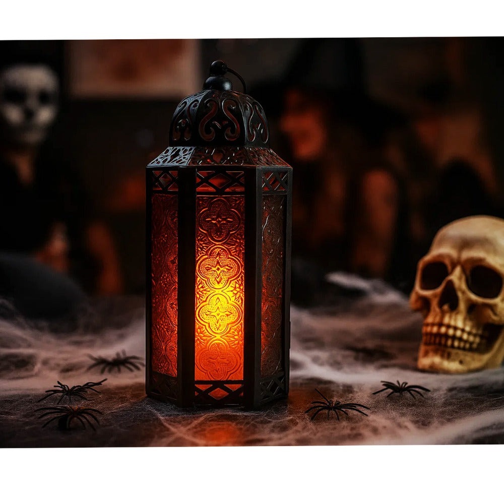 Moroccan Candle Lantern Holder - Decorative Metal & Glass Lantern with Embossed Floral Design for Indoor Home Decor, Garden, Patio, Weddings, Ramadan, Halloween & Holiday Celebrations - 10.5" Tall Medium Size