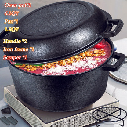 Cast Iron Dutch Oven Set – 6.1QT Deep Pot + 1.9QT Frying Pot, 2-in-1 Cookware with Silicone Handles, Iron Frame & Scraper, Oven, Stovetop, Induction & BBQ Compatible, 6-Pack Bundle
