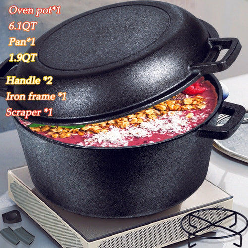 Cast Iron Dutch Oven Set – 6.1QT Deep Pot + 1.9QT Frying Pot, 2-in-1 Cookware with Silicone Handles, Iron Frame & Scraper, Oven, Stovetop, Induction & BBQ Compatible, 6-Pack Bundle