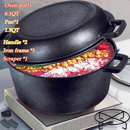 Cast Iron Dutch Oven Set – 6.1QT Deep Pot + 1.9QT Frying Pot, 2-in-1 Cookware with Silicone Handles, Iron Frame & Scraper, Oven, Stovetop, Induction & BBQ Compatible, 6-Pack Bundle