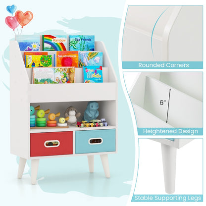 Kids Bookshelf 3-Tier with 2 Fabric Bins Open Compartments Anti-Tip Safety Design Sturdy MDF Children Book Organizer Display Rack for Playroom Nursery Classroom Bedroom Toddlers Age 3+