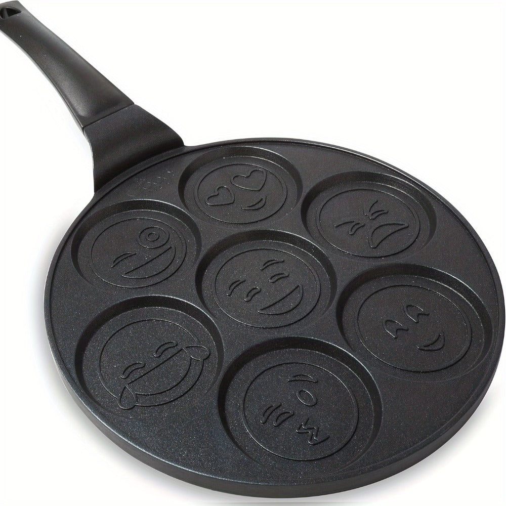 7-Hole Non-Stick Pancake Pan Smiley Face – Aluminum Alloy Breakfast Maker with Detachable Handle for Gas Stove | Oven & Dishwasher Safe Crepe Waffle Egg Mold Cooking Pan Even Heat Distribution Black