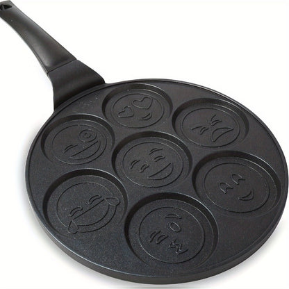 7-Hole Non-Stick Pancake Pan Smiley Face – Aluminum Alloy Breakfast Maker with Detachable Handle for Gas Stove | Oven & Dishwasher Safe Crepe Waffle Egg Mold Cooking Pan Even Heat Distribution Black