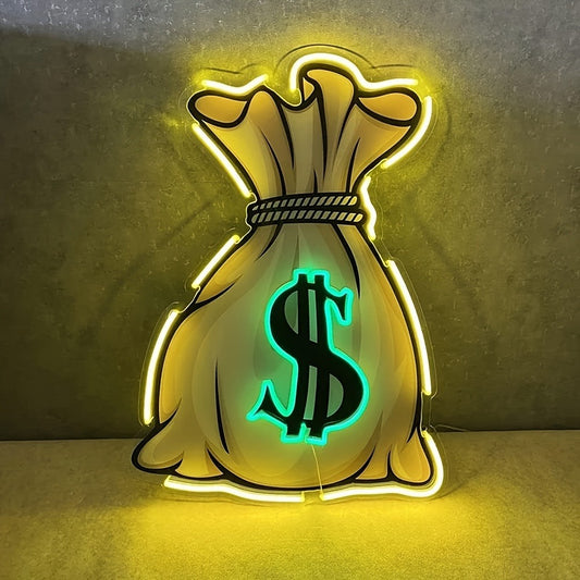 Neon Sign Money Bag LED Wall Light USB Powered Man Cave Bar Room Decor 15.75x11.81 Inch Bright Neon Light Sign for Bedroom Game Room Office Wall Decoration