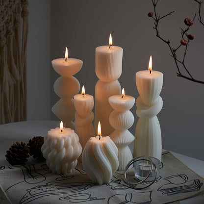 Ribbed Pillar Candles 7-Pack Large Soy Wax, Handmade Aesthetic Pillar Candle Set for Home Decor, Wedding Centerpiece, Shelf Decor, Dining Table & Housewarming Gift – White, Black, Blue, Orange with Glitter