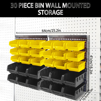 Plastic Parts Storage Bins Wall Mount 30pcs – Heavy Duty Small Hardware Organizer for Screws, Nuts, Bolts & Nails | Multi-Tier Wall Shelf System for Garage, Workshop & Craft Room | Space-Saving Bin Rack