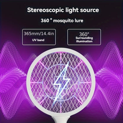 Electric Mosquito Swatter Racket Bug Zapper with LED Night Light & USB Charging, Handheld Insect Killer with Base Stand, Dual Mode Mosquito Lure Lamp for Home, Office & Outdoor Use
