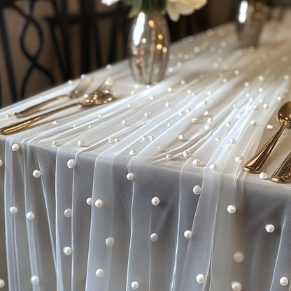 White Pearl Beaded Tulle Table Runner 2.5×9.8ft | Wedding Ceremony Backdrop, Birthday Party & Valentine's Day Romantic Decor, Sheer Mesh Fabric 3PCS