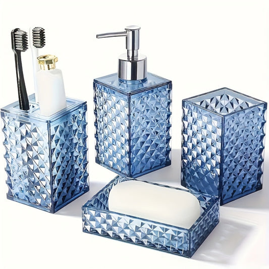 Bathroom Accessories Set 4-Piece Diamond Grid Plastic Organizer Soap Dispenser Toothbrush Holder Grey Blue Green