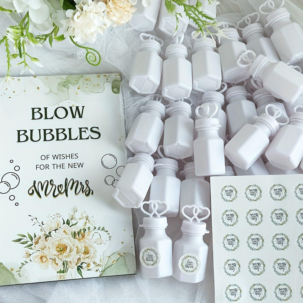 Wedding Bubble Bottle Party Favor Set 50 Mini Bottles with Wooden Sign & Stickers – Liquid-Free for Weddings Birthdays Showers