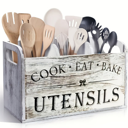 Kitchen Utensil Organizer - Extra Large Rustic Wooden Utensil Holder with 3 Compartments, Countertop & Wall Mounted Storage Rack for Cooking Baking Tools, Heavy Duty Natural Wood Kitchen Caddy