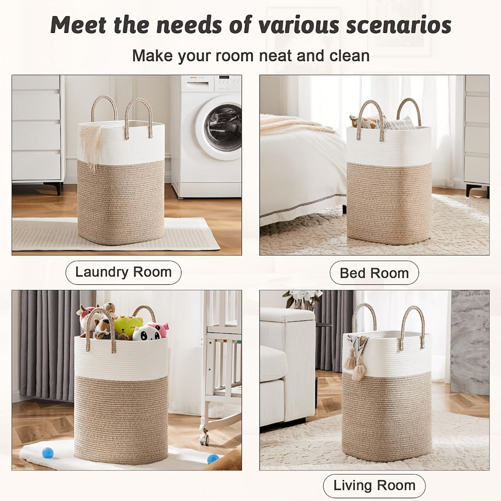 Woven Cotton Rope Laundry Basket Large Hamper with Handles for Bathroom Bedroom Living Room – Jumbo Boho Storage Basket for Clothes Blankets Toys | 40L 60L 80L 100L