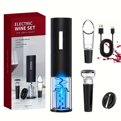 Electric Wine Opener Set 4-in-1 Rechargeable - USB-C Automatic Corkscrew with Blue LED, Vacuum Stopper, Wine Pourer & Foil Cutter - Complete Wine Accessories Gift Set for Home Bar, Parties & Weddings