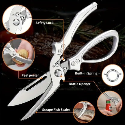 Kitchen Scissors Heavy Duty Stainless Steel | 3CR Multipurpose Cooking Shears for Chicken Bone Meat Vegetables Fruits Herbs with Seat Belt Lock Labor-Saving Handle