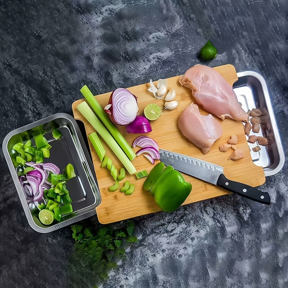 Bamboo Cutting Board with Trays & Drawers – Large Butcher Block Chopping Board with Food Sliding Opening, Stackable Airtight Storage Trays & Bamboo Lids – Kitchen Carving Board Gift for Home Cooks