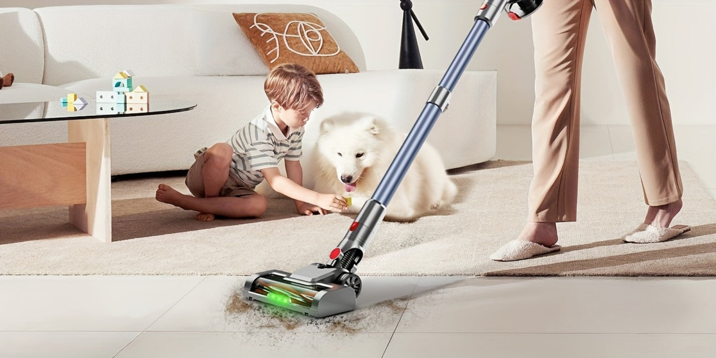 Anti-Tangle LED Vacuum Cleaner 55-69Kpa Corded & Cordless with Green LED Brush, Removable Battery & Multiple Suction Levels - Up to 45 Min Runtime for Carpets, Pet Hair & Hardwood Floors, 7 Colors