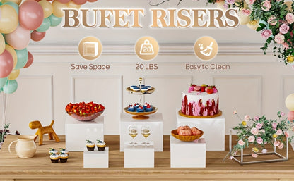 Buffet Risers Display Stand 6pcs - White Acrylic Food Risers for Buffet Table Party Catering Wedding Dessert Display Jewelry Collectibles Nesting Boxes Shelf Organizer