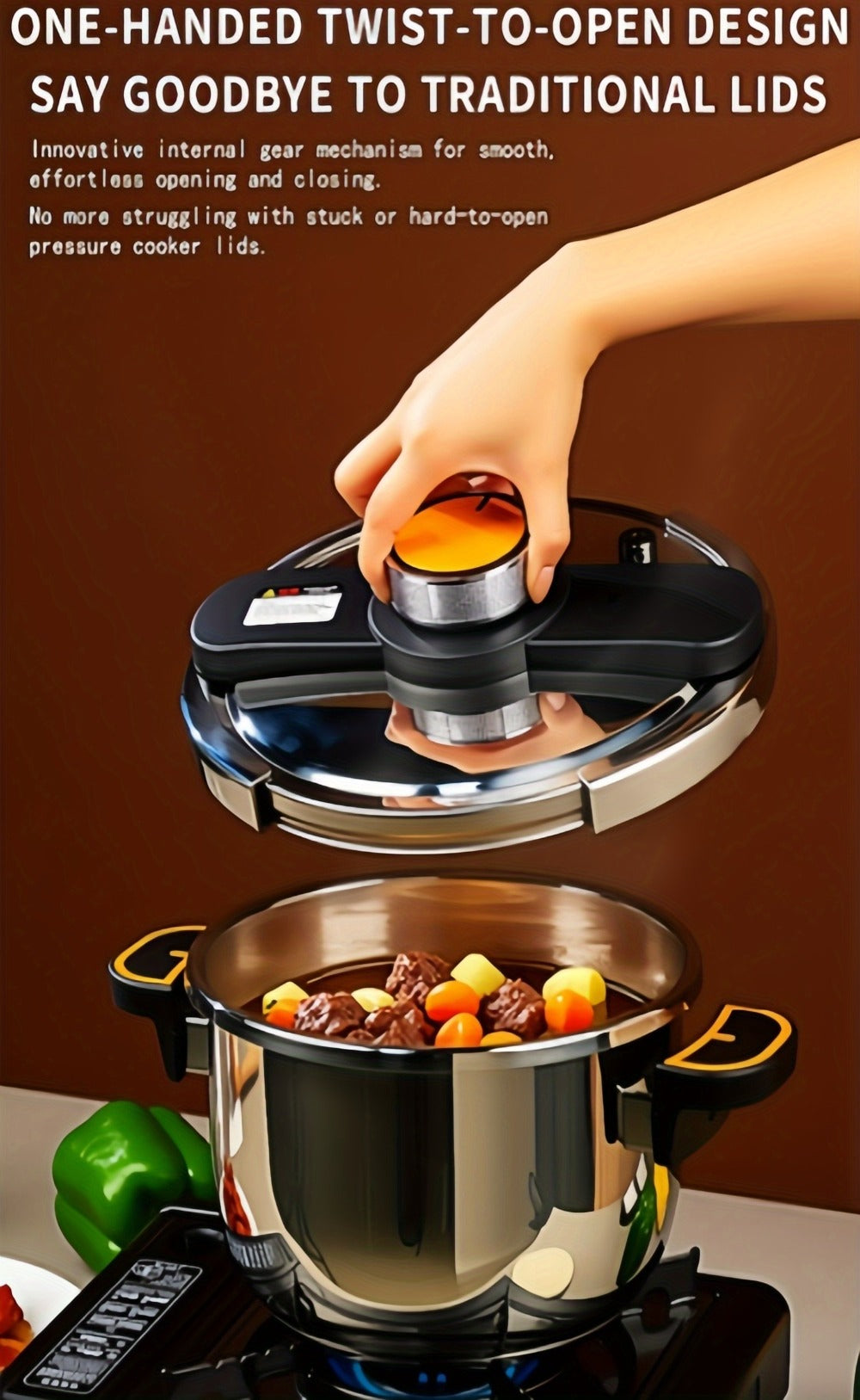Pressure Cooker Stainless Steel with One-Twist Lock Lid – Heavy-Duty Induction & Gas Compatible Stew Pot in 1.32gal, 1.59gal & 2.11gal, Dishwasher Safe Family Soup Cooker for Daily Cooking