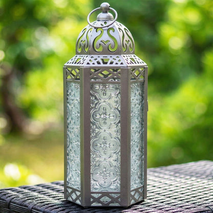 Moroccan Candle Lantern Holder - Decorative Metal & Glass Lantern with Embossed Floral Design for Indoor Home Decor, Garden, Patio, Weddings, Ramadan, Halloween & Holiday Celebrations - 10.5" Tall Medium Size