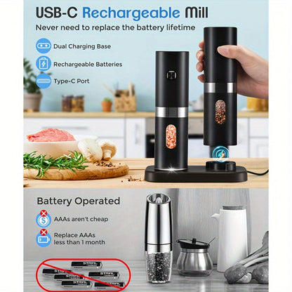 Electric Salt and Pepper Grinder Set 2-Pack Rechargeable with Charging Base & White Light - One-Hand Automatic Operation, Battery-Powered Salt Pepper Mill Set for Kitchen Cooking, Gift for Dad