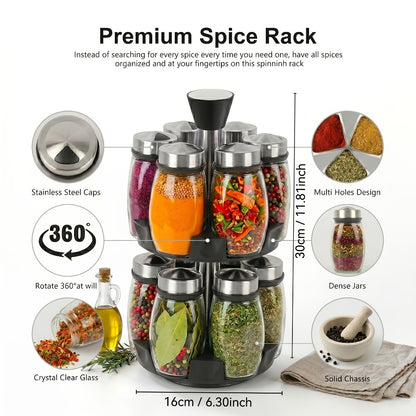 Glass Spice Jar Set with Rotating Rack – Airtight Kitchen Spice Organizer with 360° Stainless Steel Stand – Food Grade Glass Seasoning Bottles for Pantry, Cabinet & Countertop Storage – 6 or 12 Piece