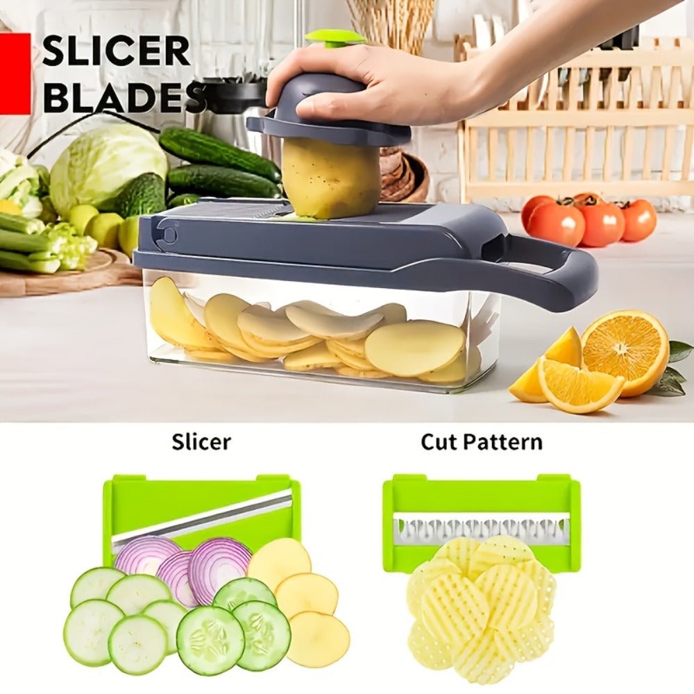 Vegetable Chopper 18-in-1 Multifunctional Food Chopper & Mandoline Slicer with Container – Onion Dicer, Adjustable Cutter for Kitchen Meal Prep, Gray