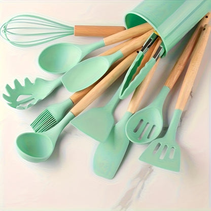 Silicone Kitchen Utensil Set 13 Piece with Wooden Handles Non-Stick Safe Heat Resistant Cooking Tools Spatula Spoon Ladle Set for Cooking Baking Dorm Essentials