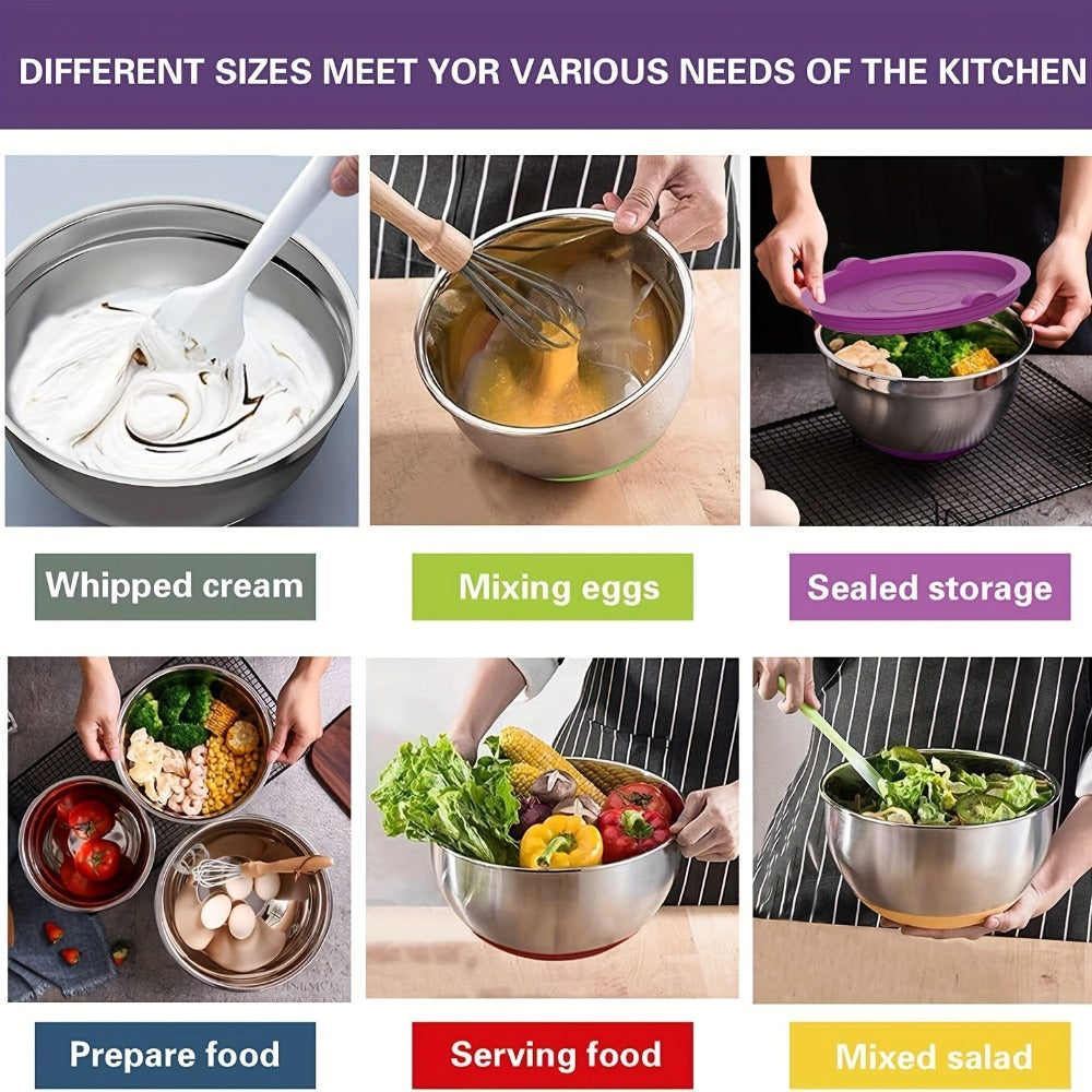 Stainless Steel Mixing Bowls with Airtight Lids 20-Piece Set – Non-Slip Silicone Bottom, Nesting Bowls in 7 Sizes (0.67–7 QT) for Mixing, Baking & Serving – Kitchen Bowl Set with Lids