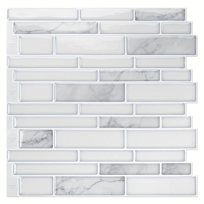 Peel and Stick Backsplash Tile Stickers 10-Sheet - White Marble Self Adhesive Wall Tiles for Kitchen & Bathroom, No Grout DIY Stick On Tiles | Heat & Moisture Resistant, Easy Install Backsplash