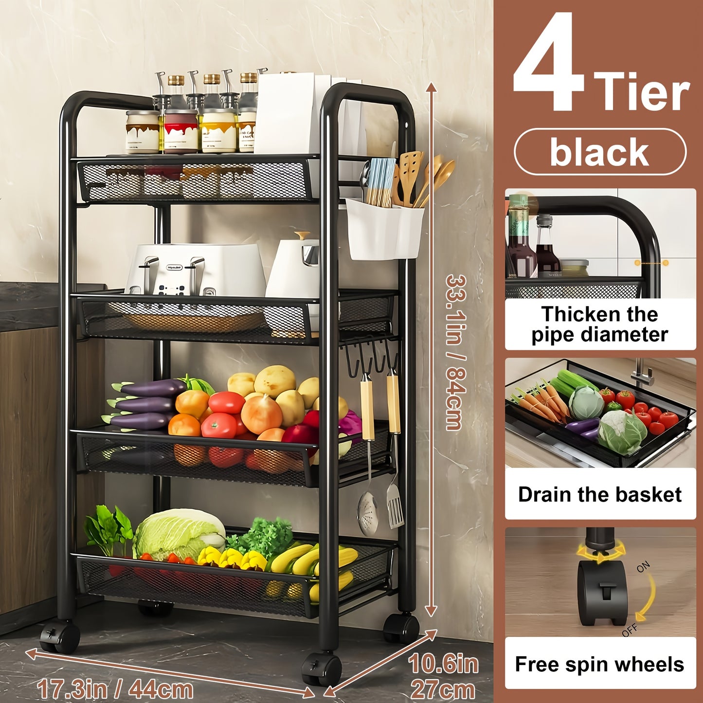 Rolling Storage Cart on Wheels – 3/4/5 Tier Carbon Steel Wire Basket Trolley, Black Metal Utility Cart for Kitchen, Bathroom, Bedroom, Office & Living Room, Space-Saving Detachable Shelving Unit