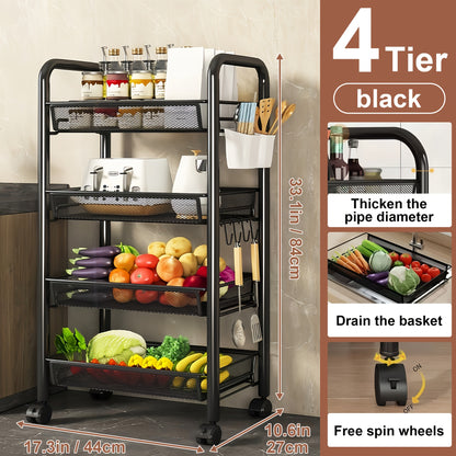 Rolling Storage Cart on Wheels – 3/4/5 Tier Carbon Steel Wire Basket Trolley, Black Metal Utility Cart for Kitchen, Bathroom, Bedroom, Office & Living Room, Space-Saving Detachable Shelving Unit