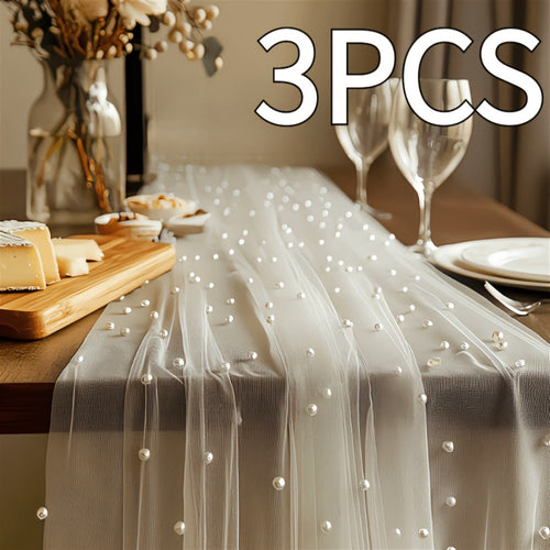 White Pearl Beaded Tulle Table Runner 2.5×9.8ft | Wedding Ceremony Backdrop, Birthday Party & Valentine's Day Romantic Decor, Sheer Mesh Fabric 3PCS