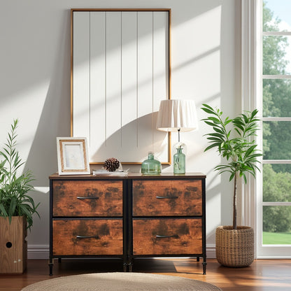 Nightstand with 2 Storage Drawers, 20" Bedside Table with Wooden Top & Fabric Cabinet, Steel Frame Mini Dresser for Bedroom, Dorm, Living Room – 1pc or Set of 2pcs, Black White Grey Rustic Brown