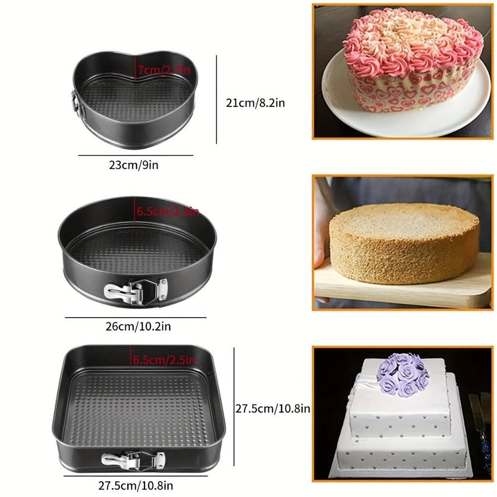 Springform Pan Set of 3 Nonstick Carbon Steel Cake Pan with Removable Bottom Round and Heart Shaped Easy Release Baking Pans for Cheesecake Layer Cake