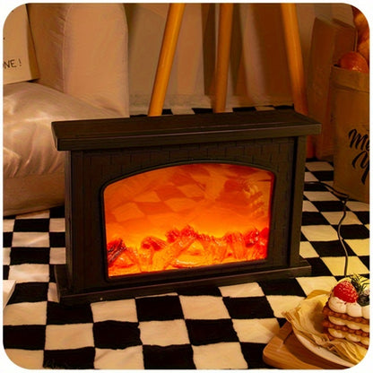 Simulated Charcoal Flame Fireplace Light, Battery & USB Powered Vintage Indoor Mood Light for Christmas Halloween Patio Decoration, Square Tabletop Fireplace Ornament