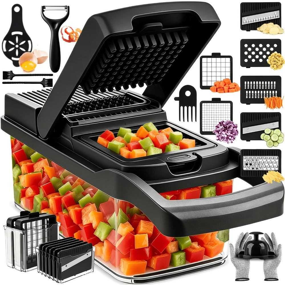 Vegetable Chopper 18-in-1 Multifunctional Food Chopper & Mandoline Slicer with Container – Onion Dicer, Adjustable Cutter for Kitchen Meal Prep, Gray