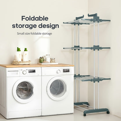 Clothes Drying Rack 4-Tier Foldable Metal Laundry Rack with Rolling Casters, Holds 30+ Garments, Adjustable Shelf Heights, Freestanding Collapsible Clothes Dryer Stand for Bedroom Bathroom Nursery Small Spaces