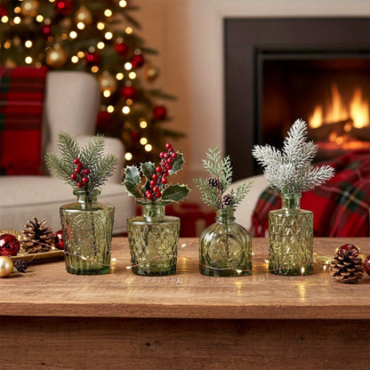 Mini Glass Vases Bulk Set 14pcs Gradient Green Relief Flower Bottles for Wedding Centerpiece Home Dining Table Party Decor Halloween Christmas