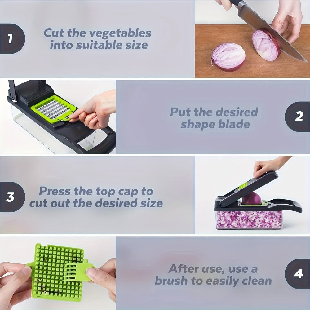 Vegetable Chopper 16-in-1 Manual Food Chopper Set – 8 Interchangeable Blades with Container, Grater & Strainer – Professional Onion Slicer & Dicer for Carrots, Garlic & Salad Kitchen Prep